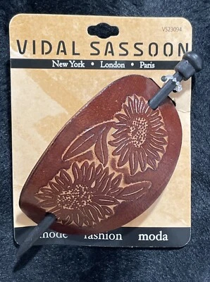 Vidal Sassoon Leather Tooled Hair Stick Barrette Slide Bun Boho Sunflowers NOS - Image 1 of 4