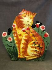 Antique Primitive Folk Art Hand Painted Tabby Cat Waste Trash Can Beautiful