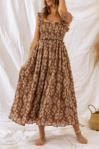 Gesmoktes Kleid mit eckigem Ausschnitt und Blumenmuster - Bild 1 von 8