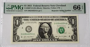 $1 Bill 2021 Fancy Serial Number PMG 66 Gem Uncirc QUAD REPEATER - D 62546254 A - Picture 1 of 4