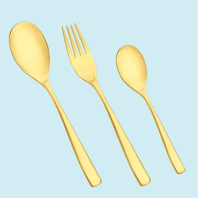 SERIE CRISTAL - (JUEGO DE SEIS PIEZAS) - ACABADO DORADO - TENEDOR Y CUCHARA Y CUCHARA DE TÉ Foto 1 de 4