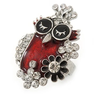 Anillo de búho de cristal esmaltado negro/rojo en tono plateado - talla 7/8 - ajustable Foto 1 de 4