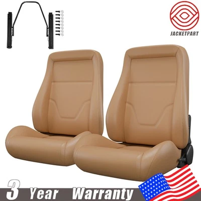 2 pcs Bucket Racing Seats PVC Leather Reclinable w/ Slider for Ford Vintage Car - Image 1 of 4