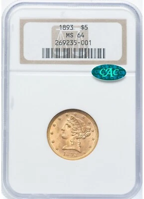 1893 LIBERTY HEAD HALF EAGLE $5 GOLD NGC MS64 CAC - Image 1 of 4