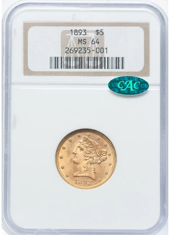 1893 LIBERTY HEAD HALF EAGLE $5 GOLD NGC MS64 CAC Cover