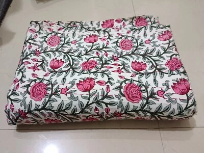 Indian Queen Size Cotton Kantha Quilt Throw Blanket Pink Floral Print Bedspread - Image 1 of 4