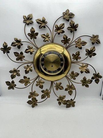 Rare 29" Brass Vine & Leaf Deco 8 Day Jeweled Wall Clock Metal / For Restore Cover