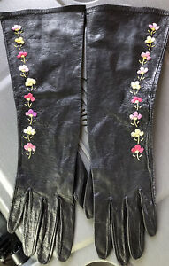 Vtg Capretto Long Black Kid Leather Gloves  W/ Embroidered Flowers 7-1/2