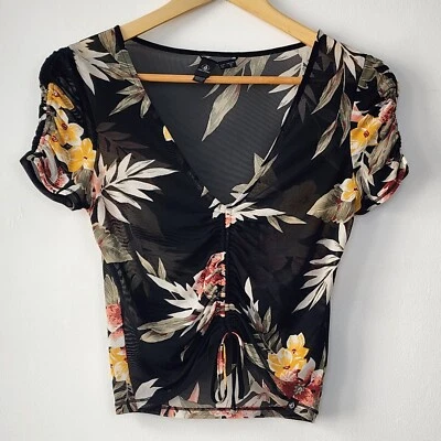 Volcom XS Tropical Floral Black Mesh Ruched V-Neck Crop Top Summer Boho Beachy - Image 1 of 4