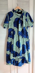 RAY DARTEN Dress 2X 16-18 African Print Cotton Lined Full Pleat Hi-Lo Green Blue - Picture 1 of 12
