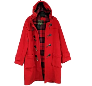 Glen Roses Duffle Coat Womens Medium Red Plaid Hooded Wool Blend Toggle Jacket - Picture 1 of 14