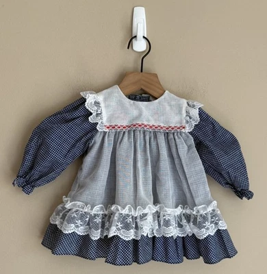 Girls Dress Vintage Peaches Cream Pinafore Size 12 Months Lace Ruffle Party - Image 1 of 4