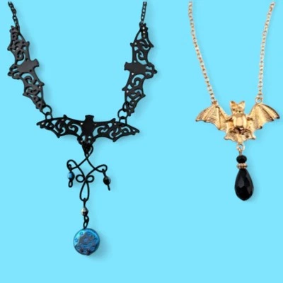 LOTE COLLAR MURCIÉLAGO VAMPIRO babero negro y colgante dorado gótico halloween gótico B2 Foto 1 de 4