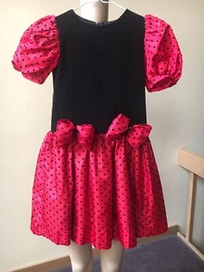 Vtg Sylvia Whyte Dress Sz 7 Red-Black Velvet Short Sleeves Polka Dot - Picture 1 of 11