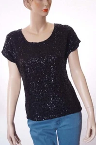 Michael Kors Womens Black Lined Sequined Scoop Neck Short Sleeve Top Blouse XS - Picture 1 of 2