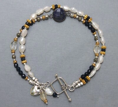 Sapphire Citrine FW Pearl Gem Gold Silver Double Strand Bracelet Handcrafted - Image 1 of 4