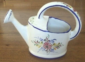 Portuguese Art Pottery Ceramic Watering Can Vase Hand Painted w Flowers. Signed - Picture 1 of 5