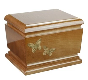 Wooden Urn With Butterflies, Beautiful Solid Wood Caske Funeral Ashes Urn - Picture 1 of 3