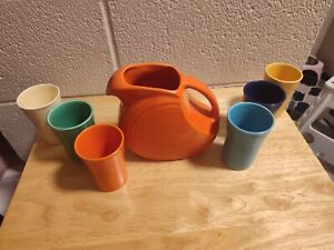 FIESTA. SMALL DISK  JUICE PITCHER Orange/Red Fiestaware With 6 Tumblers