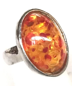 Vintage Faux Honey Amber Cocktail Ring Size 7 Oval Cut Silver Plated Simulated - Picture 1 of 9