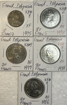 1975 - 1986 French Polynesia Tahiti 10 & 20 Francs XF - AU Condition 5 Coin Lot - Image 1 of 4