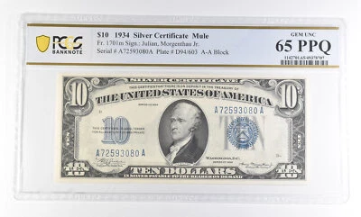 1934 $10 Silver Certificate Mule Fr#1701m Gem Unc 65 PPQ PCGS *2754 - Image 1 of 3