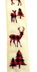 Red Buffalo Plaid Deer Trees 1.5" by 2 yd Snowflake Cream Wired Ribbon Winter - Picture 1 of 5