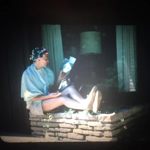 Vintage 1960s Woman Wearing Curlers Sitting Reading Perm Box Color Slide 1965 - Picture 1 of 4