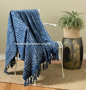 Hand Block Printed 100% Cotton Kilim Tassel Hand Woven Throw Coverlet 50x72 inch - Picture 1 of 4