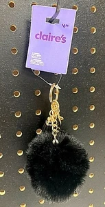 Claire’s Furry Ball w/Tassel Gold Keychain & Backpack Clip Choose Black / Blue - Picture 1 of 3