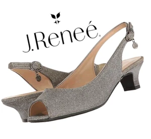 Paid $99 J. Reneé Jenvey Silver Metallic Satin Fabric Slingback Sandal Size 9.5 - Picture 1 of 20