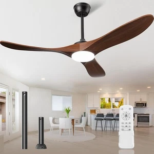 Ceiling Fans with Lights and Remote, 3 Solid Wood Blades, Outdoor Wooden Ceiling - Picture 1 of 8