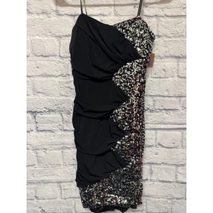Deb Vintage Y2K Black & Silver Sequin Bodycon Short Formal Party Dress SZ MED - Picture 1 of 5