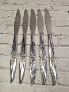 5 pcs Korea Rose Pattern Stainless Silverware Knives Set Vintage  - Picture 1 of 6