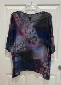 CLARA SUN WOO Tunic Top 1X Abstract Dolman Sleeve Sharkbite Hem Blue Artsy - Picture 1 of 7