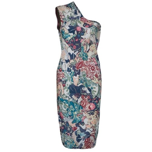 Abito monospalla McQ Alexander McQueen anni 2010 disegno floreale patchwork