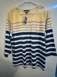 Karen Scott Sport NEW Women’s XL Top Stripe Pullover 3/4 Sleeve V-Neck Warm Gold - Picture 1 of 15