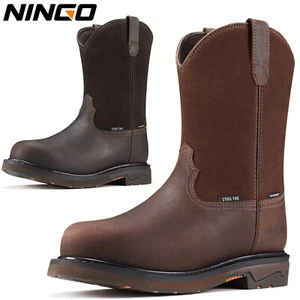 Botas de trabajo impermeables con puntera de acero NINGO para hombre botas de construcción de cuero de grano completo - Imagen 1 de 48