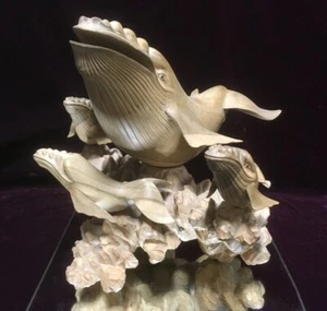 ORIGINAL Hand Carved Wood SCULPTURE Humpback Whales AT Play Unsigned 15"L - Picture 1 of 12