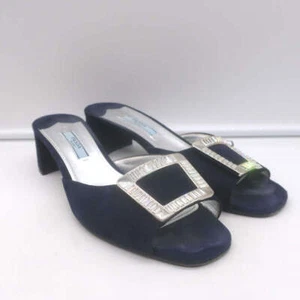 Prada Crystal Buckle Mules Navy Suede Size 38 Low-Heel Open Toe Sandals - Picture 1 of 13
