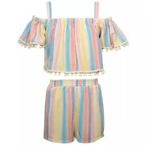 BONNIE JEAN Big Girl's XL(16) Pom-Trim Cold Shoulder Striped Knit Shorts Set NWT - Picture 1 of 1