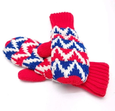 Винтажные варежки красный белый и синий ручной работы вязаный размер средний уютный теплый - Изображение 1 из 4