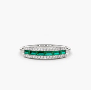 Goldring 14K 585 Weissgold Memory Ring Smaragd Baguette Brillanten Diamanten  VS - Bild 1 von 4