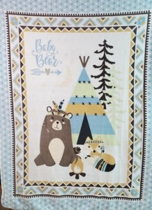 Fleece Blanket Baby Bear and Fox Camping Aztec Print Super Soft 48" x 62" - Picture 1 of 9