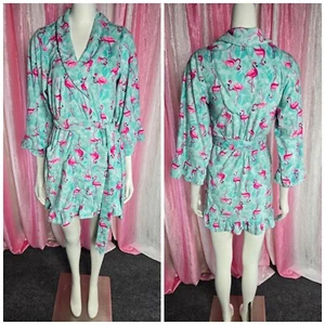Betsy Johnson Flamingos Tropical Terry Robe Green/Pink Size Small - Picture 1 of 12