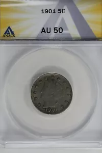 1901 .05 ANACS AU 50 Liberty Nickel, V Nickel, 5 Cent Piece - Picture 1 of 2
