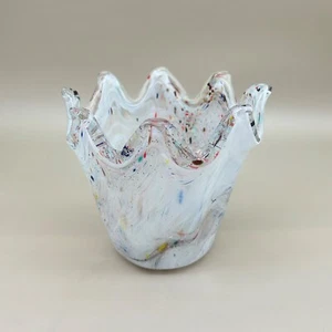 Blown Glass Vase White Swirls with Rainbow Speckles 5.5X4.75 - Picture 1 of 9