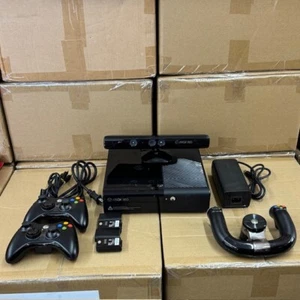 XBOX 360 E 4GB Complete Bundle with 15 Games, Steering Wheel and Controllers - Picture 1 of 6