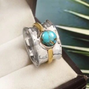 Natural Copper Turquoise Spinner Band Ring 925 Sterling Silver Bohemian Gift - Picture 1 of 7