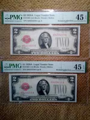EXTREMELY RARE 1928 A $2 TWO DOLLAR PAIR OF CONSECUTIVE NOTES, CXF, PMG 45 EPQ - Image 1 of 4
